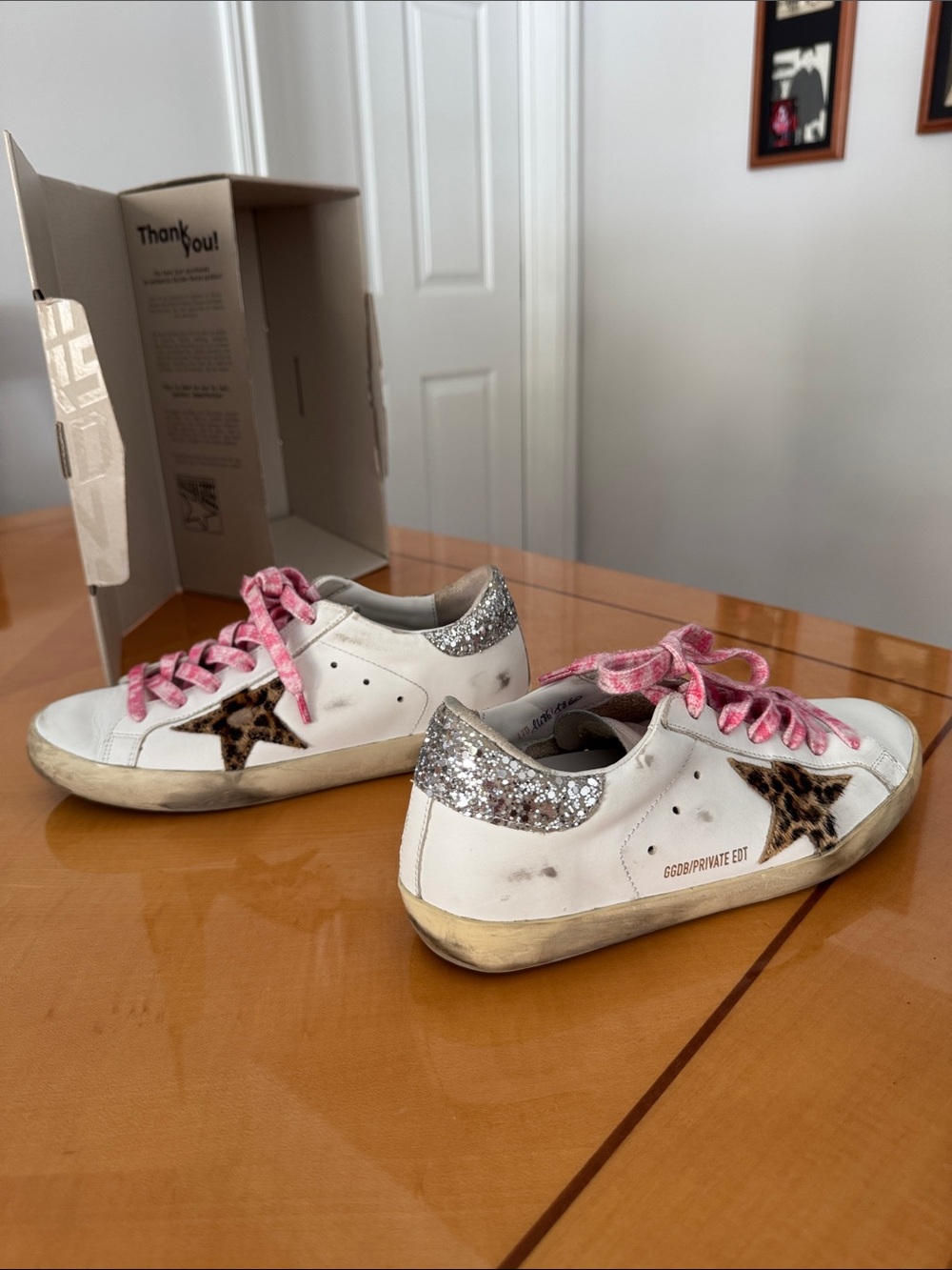 Golden Goose White Leather Low-Top Sneakers with Leopard Star and Pink Laces siz